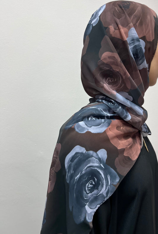 Yasmina Brown Rose Print Turkish Chiffon Hijab Mini